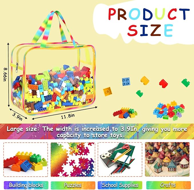 6 Packs Large Toy Storage Bags with Labels, Reusable Clear PVC Board Game Storage, Travel Waterproof Organizer Bags with Zipper Large Capacity (Gradient Color)
