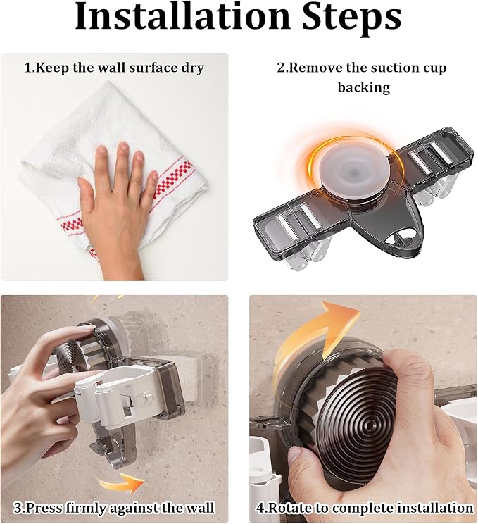 Broom Holder Mop Hanger Wall Mount, No Punching Required Mop and Broom Hanger Organizer, Adjustable Suction Cup Mop Grippers for Kitchen, Bathroom, Garage, Laundry Room (4PCS-Transparent)