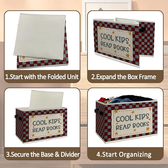 Kids Classroom Book Cube Storage Bins with Handles, Cool Kids Read Books Checkered Collapsible Fabric Storage Basket Boxes Books Clothes Organizer for Girls Boys Reading Room Bedroom