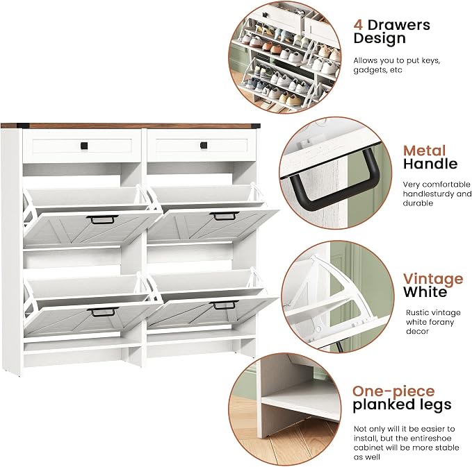 Halitaa Shoe Cabinet with 4 Flip Drawers & 2 Drawers,Farmhouse Shoe Storage Cabinet for Entryway,Slim Freestanding Organizer Rack for Front Door Entrance,White