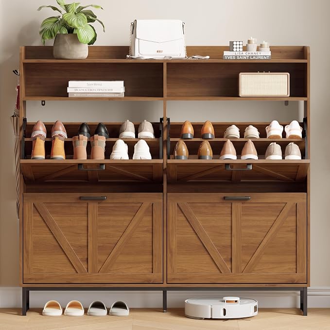 Xixini Shoe Storage Cabinet with 4 Flip Drawers, Entryway Shoe Rack, Walnut | Freestanding Narrow Shoe Storage, Hidden Slim Wood Shoe Organizer, Modern Farmhouse, Open Storage & Hooks for Closet, Hallway