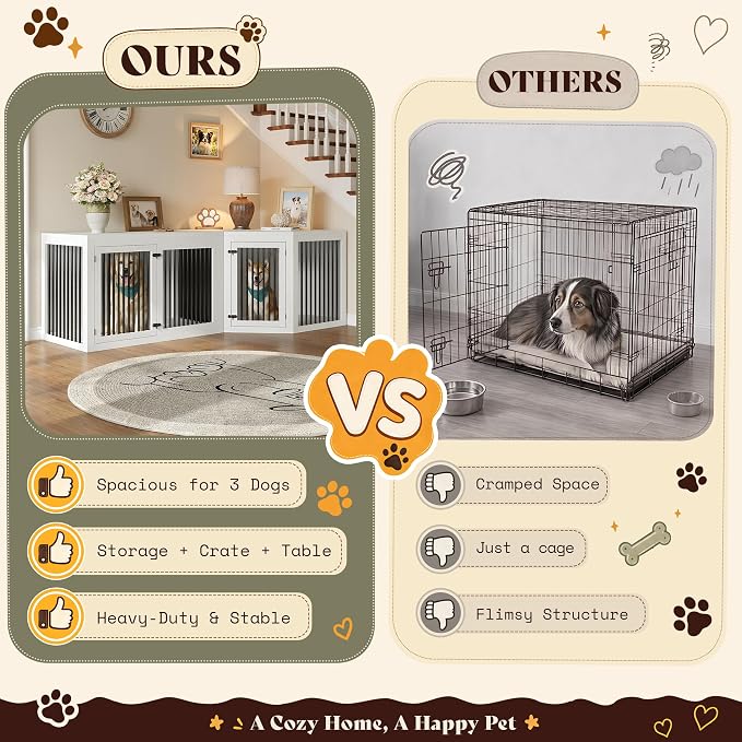 AMERLIFE Dog Crate Furniture for Medium/Large Dogs with Storage and Divider | 3-in-1 Corner Dog Kennel, Space-Saving Heavy Duty Large Cage, White