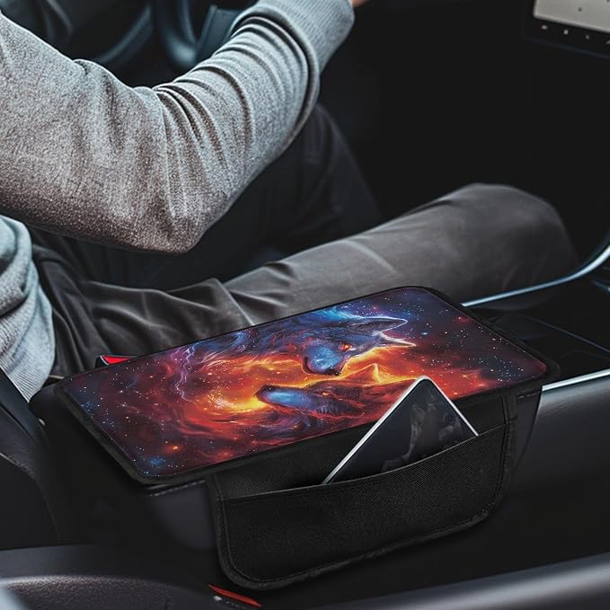 Howilath Galaxy Wolves Console Cover for Car Non-Slip Armrest Cushion Pad | Easy Stretch-on Installation, Comfortable Support, Protects from Dirt. Accessories Interior Decor