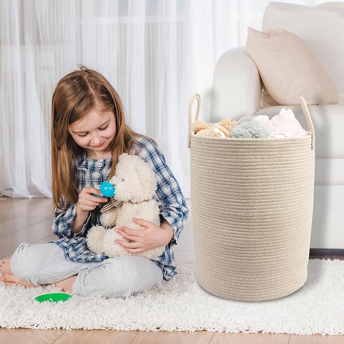 Woven Cotton Rope Laundry Basket, 15" x 20" Laundry Hamper, Oatmeal | Rope storage basket for dirty clothes, toys and blankets. Perfect for bathroom, baby nursery and living room storage.