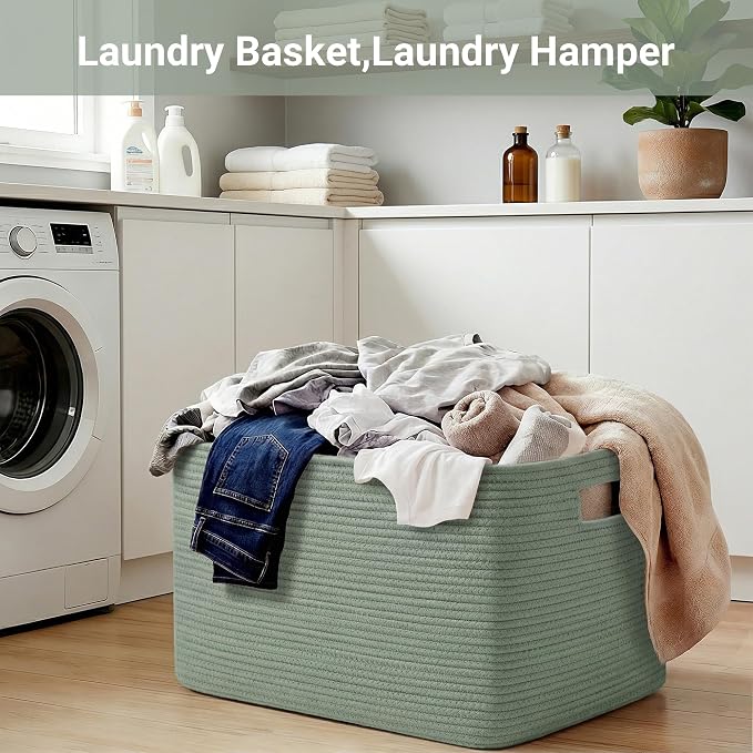 Large Laundry Basket/Hamper, 25"x16"x16" Green Rectangle Basket | Toy Storage Basket, Baby Blanket Basket, With Handle, Shelf Basket, Living Room Organizing