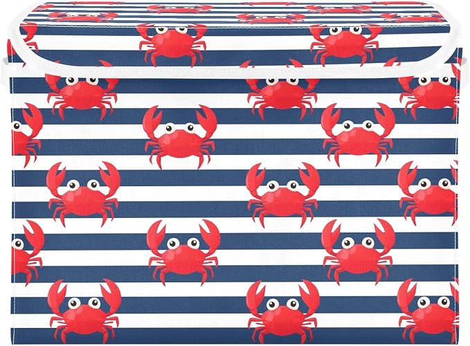 Storage Bins with Lid Crab Stripe Foldable Storage Boxes 40L Baskets | Decorative Storage Boxes, Dust-Proof Flip Top, Reinforced Handles, For Home & Bedroom, Clothes & Toy Box, Sea Fabric Print