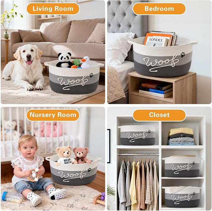 Woof Dog Toy Basket with Handles, Large Dog Toy Storage Bin with Paw Print, Woven Dog Basket for Blankets, Toys, Chews, Pet Toy Box for Nursery, Living Room, Bedroom, 20”x14”x9, Grey