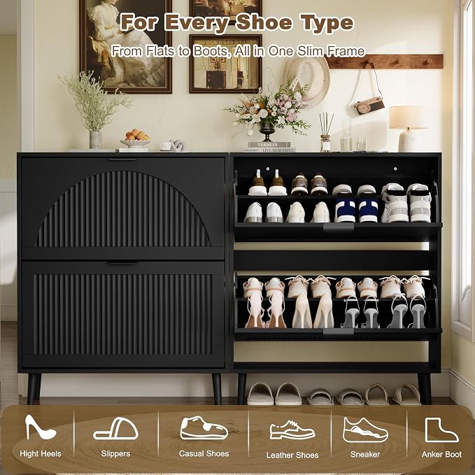 Shoe Storage Cabinet with 2 Flip Drawers, Narrow Wood Shoe Organizer Cabinet with Fluted Panel, Slim Shoe Rack for Entryway, Freestanding Shoe Cabinet for Living Room, Hallway, Black
