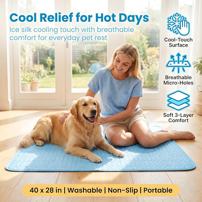 Dog Cooling Mat for Dogs, 40 x 28 in Ice Silk Pet Cooling Pad, Blue | Cool-touch ice silk cooling mat, micro-hole fabric, washable non-slip dog cooling pad for crates, beds, cars, floors