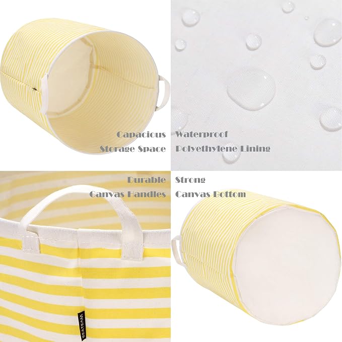 Sea Team Large Canvas Laundry Basket with Handles, Yellow Stripes | Collapsible Fabric Laundry Hamper, Closet Shelf Organizers, Containers for Clothing, Blankets, Toys, Bedding, 19.7 x 15.7”