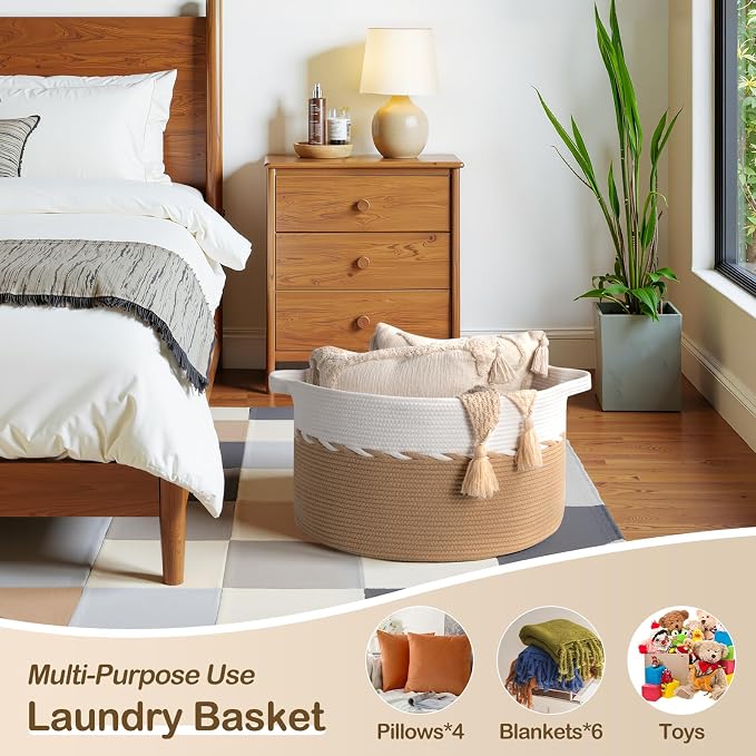 OIAHOMY 90L Extra Large Blanket Basket - Decorative Cotton Rope Storage Basket for Bedroom, Living Room & Nursery - Woven Laundry Hamper for Organizing Blankets, Clothes & Toys - Yellow & White