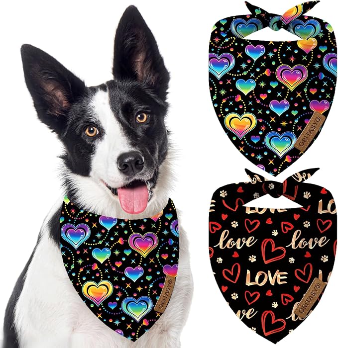 Valentines Day Dog Bandanas, 2-Pack Triangle Reversible Love Pet Scarves, Premium Fabric Bandana (Large, Style 2)
