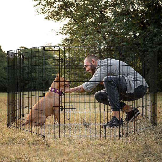 Artmalle Dog Playpen 30" H, 8 Panel 24" W Pen with Door & Octagonal Pad | Eight 24"W x 30"H rustproof metal panels with door and waterproof 600D Oxford octagonal bottom pad for indoor use.