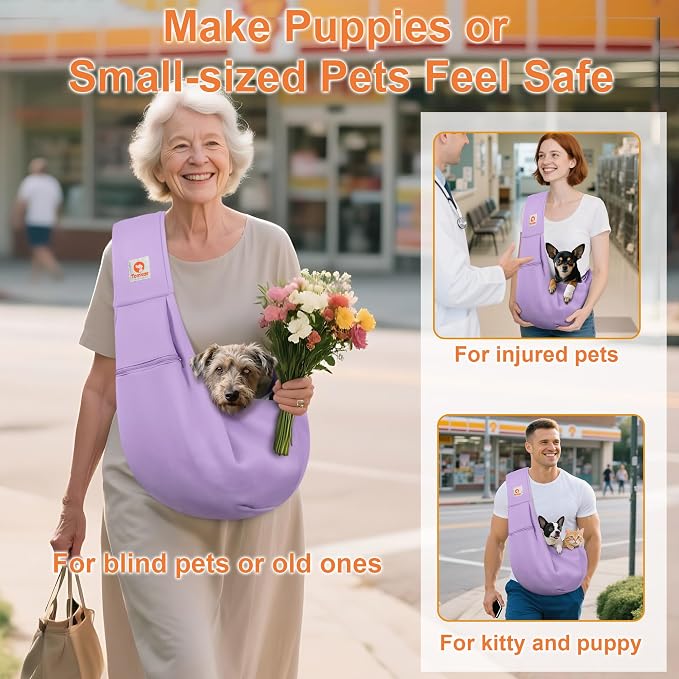 Tomkas Dog Cat Carrier Sling Zip Pocket & Adjustable Strap(M,Light Purple)