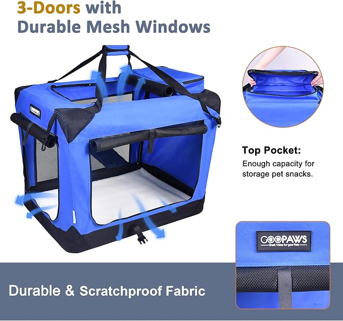Jespet 3 Door Soft Dog Crates Kennel for Pets, Folding Travel Pet Carrier | 3 Mesh Doors 30'' Dog House, Large Pocket, Easy to Install, Steel Frame, Removable Crate Pad, For Indoor & Outdoor