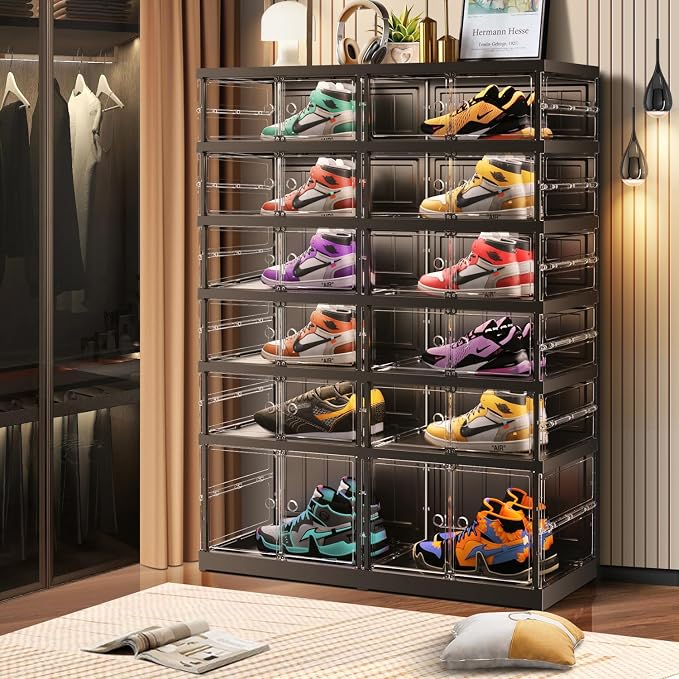 CIMLORD 6-Tier Foldable Shoe Rack, Magnetic Clear Doors, 24 Pairs, Black | Collapsible Large Plastic Shoe Cabinet, Stackable, Lidded, Tool-Free Assembly, Fits Boots & Sneakers, Closet & Entryway