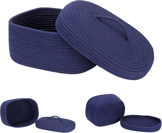 Sea Team Oval Storage Basket, Woven Cotton Rope Basket with Lid, Navy | Decorative Knitted Storage Bin, Multi-Purpose Lidded Organizer for Closet Shelves, Nursery and Household Storage