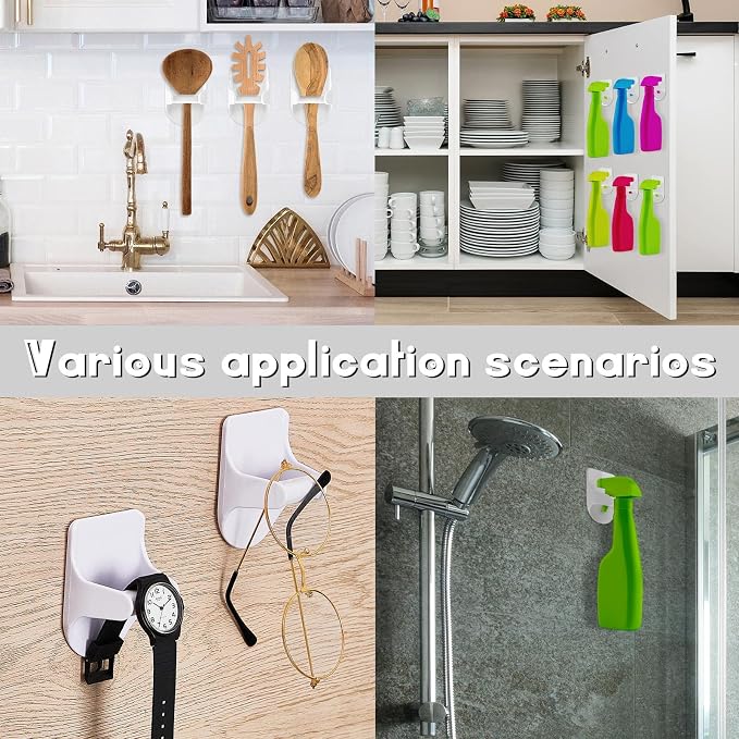 8 Pcs Wall Mount Spray Bottle Hooks Holder Spray Bottle Hanger Adhesive Hook to Create Storage Space Rack Organizer Hanger for Cabinet Kitchen Variety Surfaces (White)