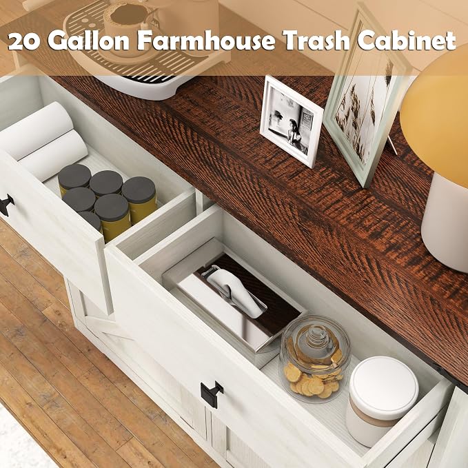 Double Tilt Out Trash Can Cabinet for 20 Gallon,Hidden Dual Laundry Cabinets with 2 Drawers & 2 Baskets, Barn Door Style Garbage Cabinet for Kitchen