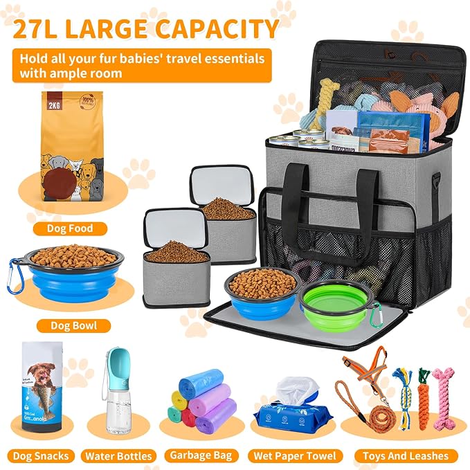 TORIBIO Large Dog Travel Bag for Supplies with Food Bowl | With 2 Food Container and Collapsible Bowls, Mat & Divider, Water-resistant, Pet Travel Kit for Weekend, Road Trips, Camping