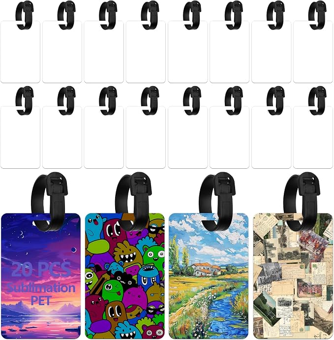20 pcs Sublimation Luggage tag Blanks | White Blank Travel Bag Baggage Tags with Strap, Double Sided PET Suitcase Label Tag with Slots Keychains Blanks