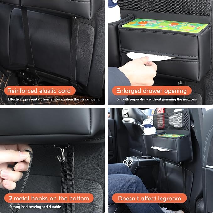 Multifunctional Car Seat Back Organizer with Large Tissue Box Holder, Large Water Bottle Storage, Phone Pouch for Road Trips (Black)