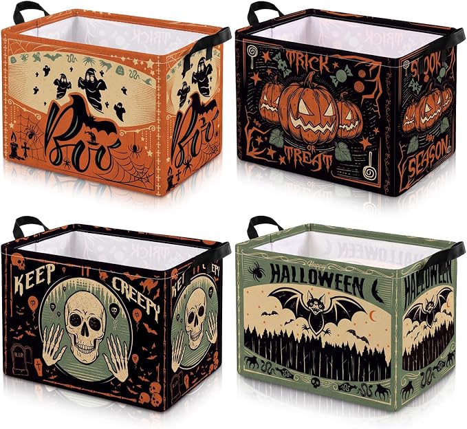 4 Pcs Vintage Halloween Storage Basket for Gifts Large Retro Gothic Storage Bins with Handles 15 x 10 x 8 Fabric Laundry Baskets Spooky Halloween Collapsible Organizer Boxes for Home Cloth Toy