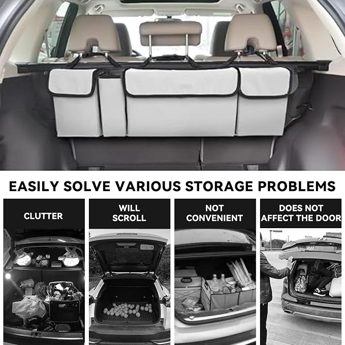 Car Trunk Organizer, Backseat Hanging Large Storage with Adjustable Straps,Waterproof PVC Collapsible Cargo Bag, Car Interior Accessories for Auto SUV MPV (White)
