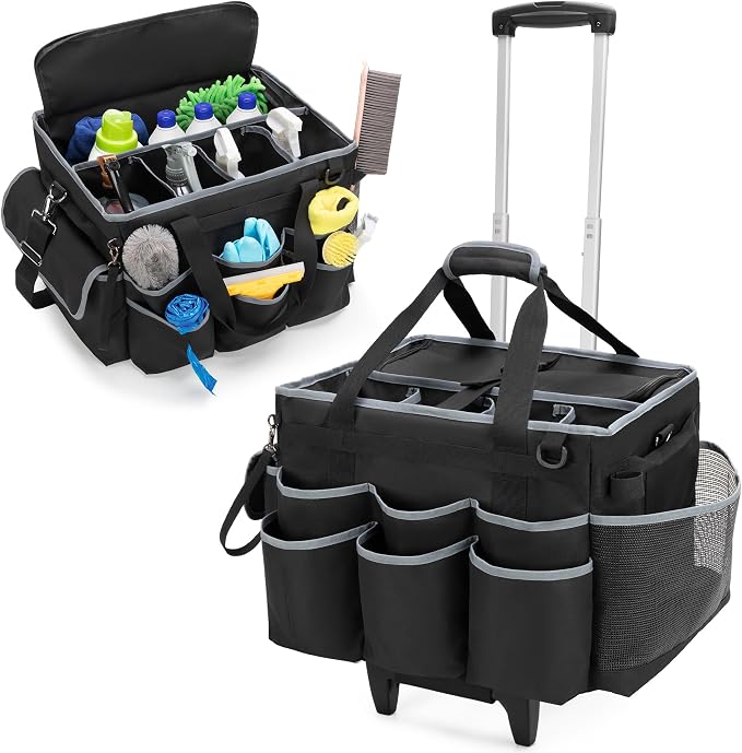 HODRANT Large Cleaning Caddy with Detachable Trolley & Shoulder Strap | Cleaning Supplies Bag with Handles & Support Plates, Cleaner Product Rolling Organizer for Car Wash and Housekeeping