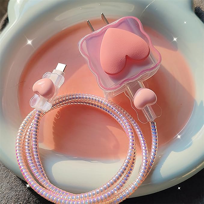 Cable Protector Charger Cover for iPhone iPad 18W/20W Charger Adapter,Kawaii Love Heart Charger Cord Protector,Soft Phone Cord Protector for iPhone iPad 18W/20W USB-C 1112 13 14 15 16 17 Pro Max-Pink