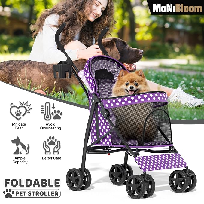 MoNiBloom Pet Stroller for Small/Medium Dogs and Cats, Purple Polka Dots | Foladble 4 Wheels Easy-Fold Puppy Cage Jogger Stroller with Sun Cover, Pad and Rear Storage Bag, Breathable and Visible Mesh