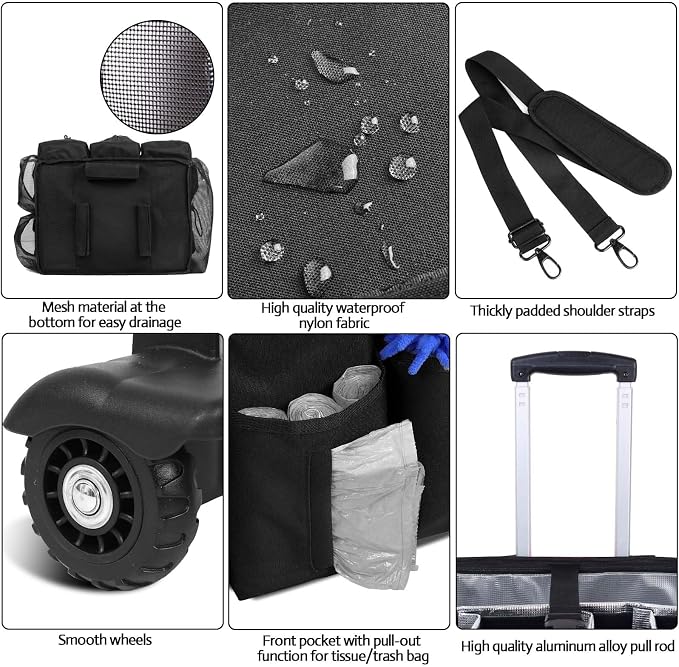 Rolling Cleaning Caddy Bag Built-in Hard Plastic Sheet Detachable Trolley | Aluminum foil lining, Adjustable dividers Adjustable Shoulder Strap and Multiple Storage Pockets