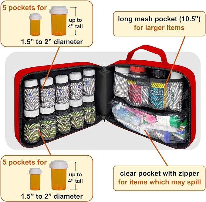Large Pill Bottle Organizer & Medicine Bag for Travel, Red | Prescription bottle organizer with 10 bottle pockets and padded storage for medication bottles, supplements, vitamins