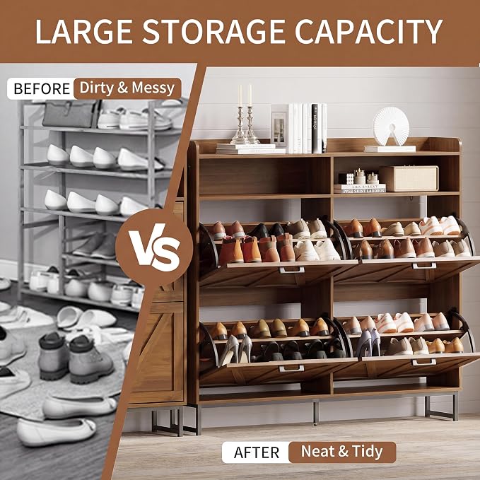 Xixini Shoe Storage Cabinet with 4 Flip Drawers, Entryway Shoe Rack, Walnut | Freestanding Narrow Shoe Storage, Hidden Slim Wood Shoe Organizer, Modern Farmhouse, Open Storage & Hooks for Closet, Hallway
