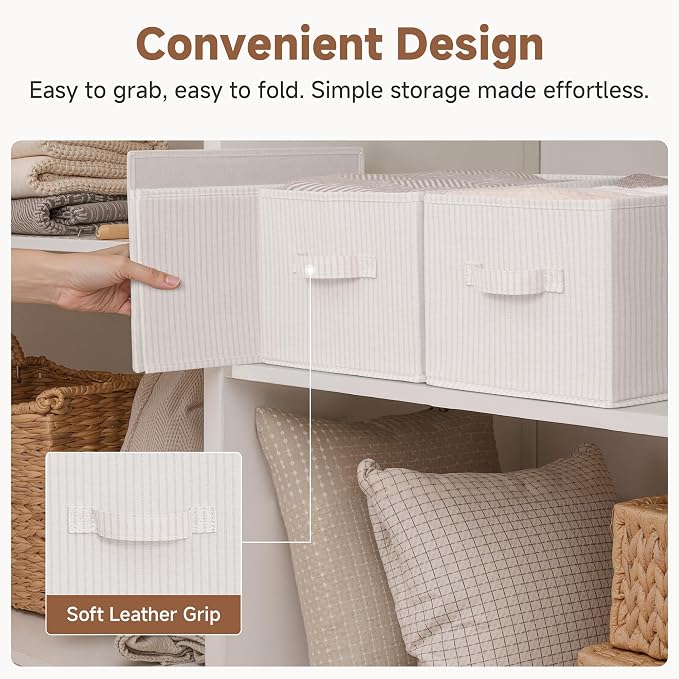 StorageWorks Shelf Organizer Bins, Beige Stripes, 3-Pack, Large | Foldable Shelf Organizer Bins, Closet Storage Baskets for Clothes, Fabric Storage Bins for Shelves