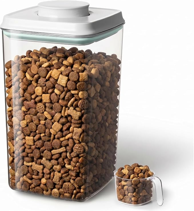 Dog-Cat Food Storage Container, 4.2 Qt Airtight Canister with Scoop | 4 L/4.2 Qt clear canister with one-push airtight lid; 130 ml scoop included; removable lid for easy cleaning.