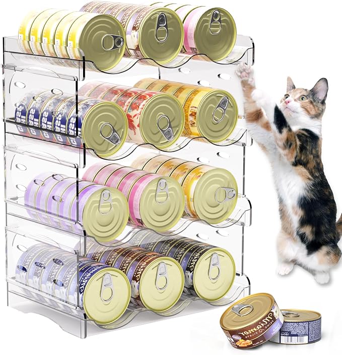 Flenpptly Cat Food Can Organizer, 4-Tier Cat Food Organizer | Transparent Can Organizer for Pantry, Canned Food Organizer Holds 60 (3oz) Cans, Pantry Can Organize (4-Tier 3-Can)