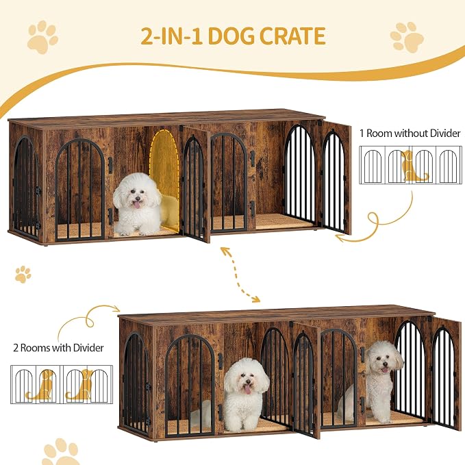 Hzuaneri 63" Double Dog Crate Furniture, Dog Kennel Indoor with Cushion | Heavy Duty Dog Crate Furniture for 2 Dogs,Dog Cage End Table TV Stand with Divider for Med-Large Dogs,Rustic Brown DFC80901B