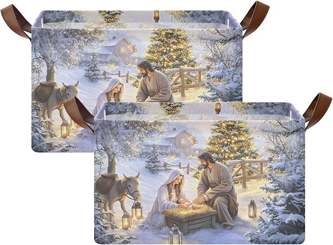 Nativity Scene Holy Night Religious Christmas Storage Bins for Shelves with Labels&Handles Fabric Organizer Bin Foldable Rectangle Storage Basket Boxes for Closet,Bathroom, Home, Living Room, 2 Pack