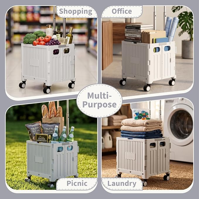 Foldable Shopping Cart with Wheels: Gray Rolling Utility Crate | Adjustable Handle, All-Terrain Wheels, Multipurpose Grocery Trolley for Teacher, Market, Office, Luggage, Laundry, Garden