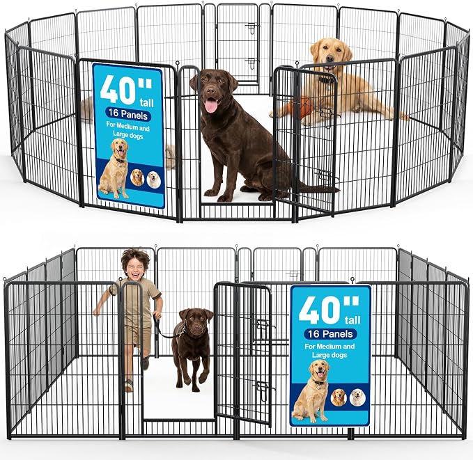 Metal Dog Playpen - 40" Height 16 Panels Foldable Exercise Pen for Dogs Indoor/Outdoor Pen with Door for Pet Animals Portable Pet Playpen Polygon Dog Enclosure (Black)