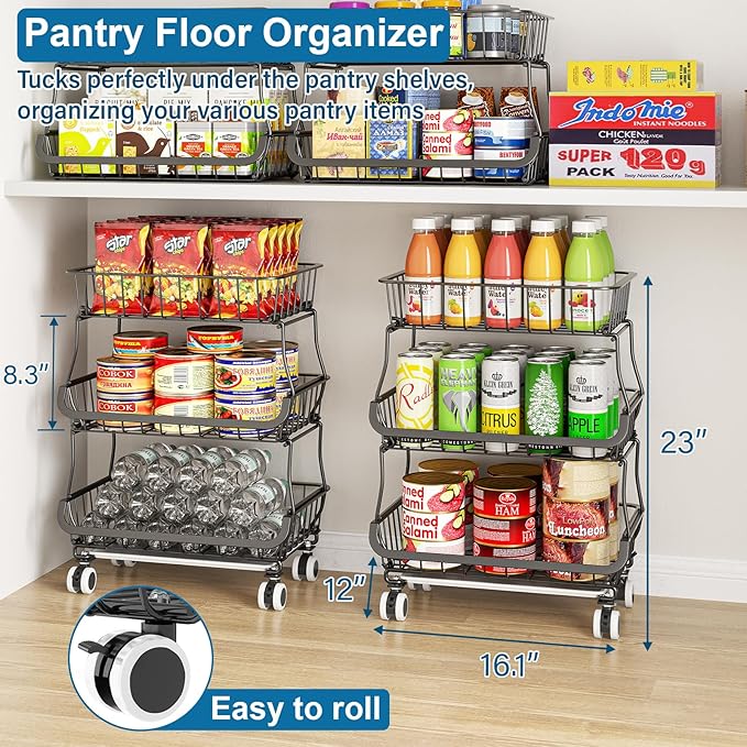 OKZEST 3-Tier Rolling Pantry Floor Organizers and Storage Cart with Wheels | Fits under pantry shelf, Stackable kitchen pantry baskets with dirt catch tray, Holds drink, snack, can, potato, onion, fruit