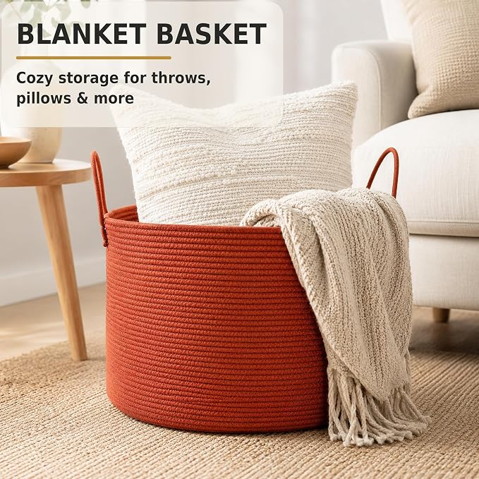 XUANGUO 66L Large Blanket Basket, Round Cotton Rope Basket, Rustic | 20" x 13" Laundry Basket with Sturdy Handles for Blankets, Pillows and Toys; Storage for Living Room, Bedroom and Nursery