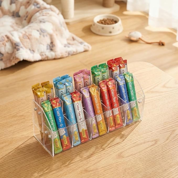 Cat Treat Holder Organizer, 2 Tier 10 Compartment Clear Acrylic Storage Rack for Lickable Wet Treats, Countertop Display Stand for Pet Tubes and Squeeze Up Pouches