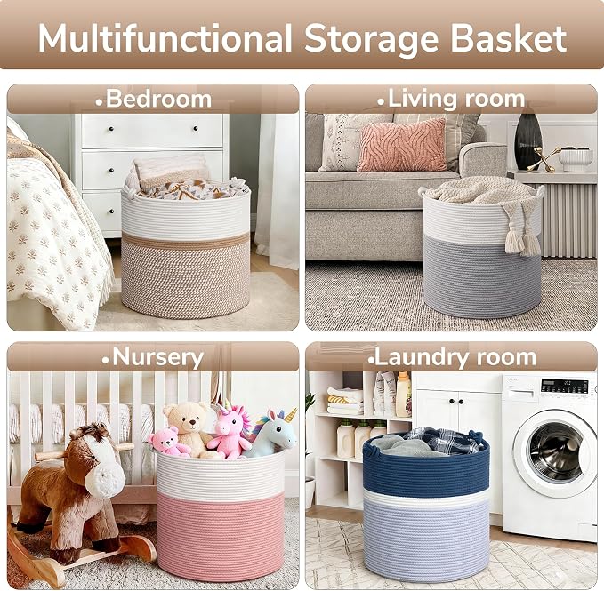 Goodpick 17"x16" Toy Storage for Kids, Home Décor Living Room, Woven Laundry Basket for Blankets Pillows Clothes, Baby Basket for Fall Decorations, White & Camel