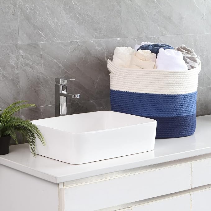 Sea Team Large Woven Cotton Rope Laundry Basket with Handles, 16 x 13 in | Collapsible Knitted Hamper, Closet Shelf Organizers, Containers for Clothing, Blankets, Toys, Bedding, Navy