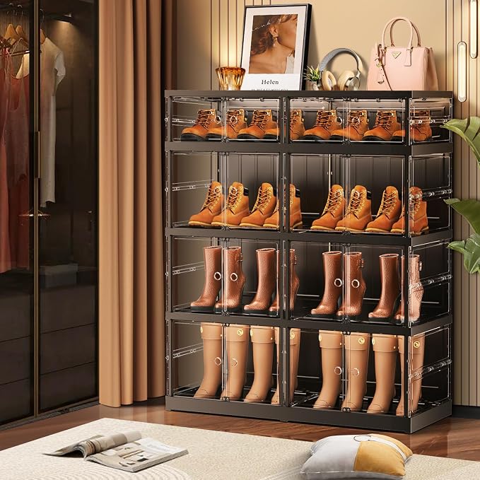 CIMLORD 4-Tier Foldable Shoe Rack Organizer for Boots, 16 Pairs, Black | Collapsible Plastic Shoe Cabinet Storage, Fits Tall Boots, Stackable with Lids, Easy Assembly, for Closet & Entryway