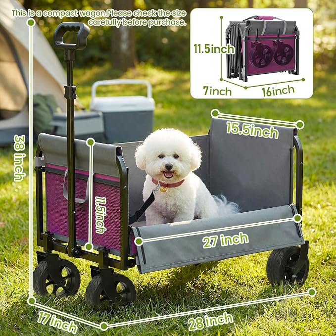 Pink Folding Wagon Cart with Wide Wheels, Lightweight & Portable, Easy Fold & Removable Side Utility Wagon for Groceries, Gardening, Camping, Pet Use