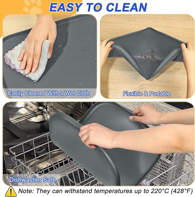 SMILOOL Silicone Pet Feeding Mat with Raised Edge for Food and Water, Dog Bowl Mats, Cat Bowls Placemat with High Lip for Floor Waterproof, Rubber Tray for Cats and Dogs 19 x 12 x 0.7 Dark Grey