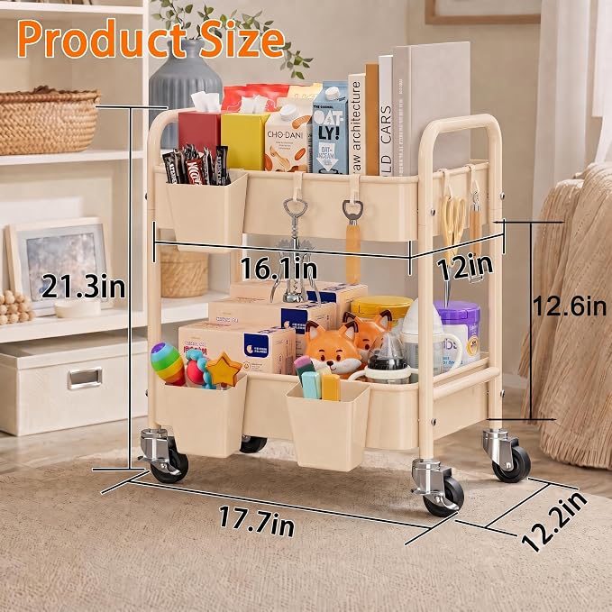 2 Tier Small Rolling Cart Metal with Wheels, Beige Under Desk/Table Storage Carts on Wheels, Short Utility Roller Caddy Organizer for Art, Craft, Pantry, Bathroom, Two Tiered Shelf Trolley, 22In Tall